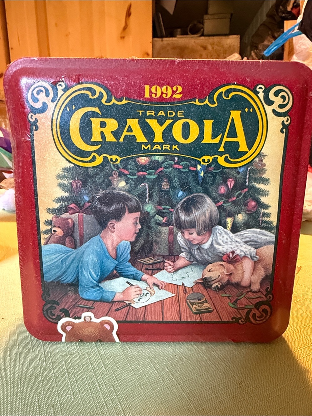 Crayola Vintage 1992 Red Holiday Tin with Yellow Logo